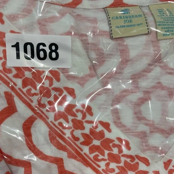 Caribbean Joe Woman Top Size Large Orange White Color V-neck 3/4 Sleeve Pullover - Picture 7 of 7